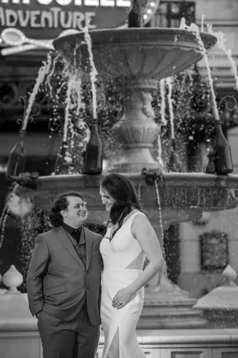 A black and white photo of Alexis and Christian